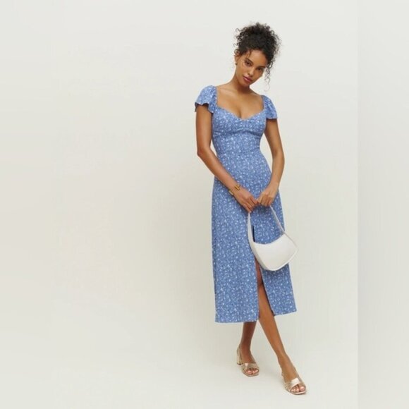 Reformation Baxley Midi Short Sleeve Dress in Eve Blue Floral | US 0 UK 4 - Picture 1 of 11
